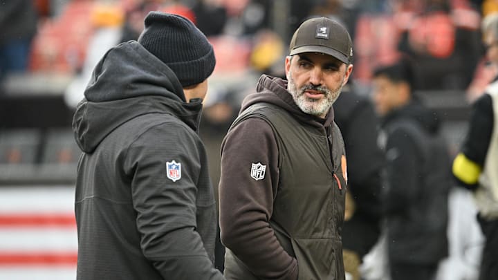 Dec 28, 2025; Cleveland, Ohio, USA; Cleveland Browns head coach Kevin Stefanski on the sideline before the game against the Pittsburgh Steelers at Huntington Bank Field. Mandatory Credit: Ken Blaze-Imagn Images