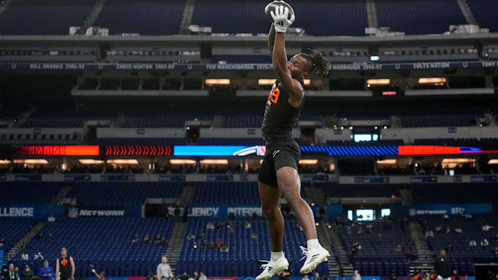 Mar 1, 2025; Indianapolis, IN, USA; Illinois wideout Pat Bryant (WO08) during the 2025 NFL Combine at Lucas Oil Stadium. Mandatory Credit: Kirby Lee-Imagn Images