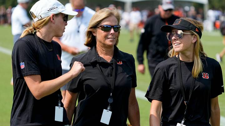 Bengals executive Vice President Katie Blackburn (center) walks off the practice field with her daughters Caroline and Elizabeth during a training camp practice at the Paycor Stadium practice facility in downtown Cincinnati on Tuesday, Aug. 1, 2023. Tuesday marked the team’s first preseason practice in pads. Bengals executive Vice President Katie Blackburn (center) walks off the practice field with her daughters Caroline and Elizabeth during a training camp practice at the Paycor Stadium practice facility in downtown Cincinnati on Tuesday, Aug. 1, 2023. Tuesday marked the team’s first preseason practice in pads.