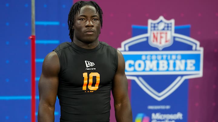 Feb 28, 2026; Indianapolis, IN, USA; Nebraska running back Emmett Johnson (RB10) during the NFL Scouting Combine at Lucas Oil Stadium. 