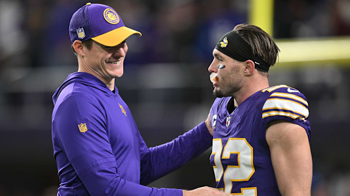 Nov 27, 2023; Minneapolis, Minnesota, USA; Minnesota Vikings head coach Kevin O'Connell greets Nov 27, 2023; Minneapolis, Minnesota, USA; Minnesota Vikings head coach Kevin O'Connell greets