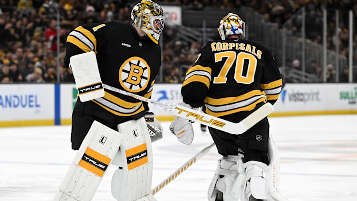 Dec 21, 2025; Boston, Massachusetts, USA; Boston Bruins goaltender Jeremy Swayman #1 replaces goaltender Joonas Korpisalo #70 during the second period of a game against the Ottawa Senators at the TD Garden. Mandatory Credit: Brian Fluharty-Imagn Images
