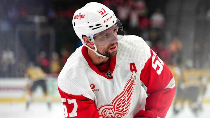 Mar 9, 2024; Las Vegas, Nevada, USA; Detroit Red Wings left wing David Perron (57) warms up before a