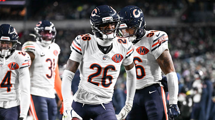 Nov 28, 2025; Philadelphia, Pennsylvania, USA; Chicago Bears cornerback Nahshon Wright (26) celebrates after recovering a fumble against the Philadelphia Eagles during the third quarter of the game at Lincoln Financial Field. Mandatory Credit: Eric Hartline-Imagn Images