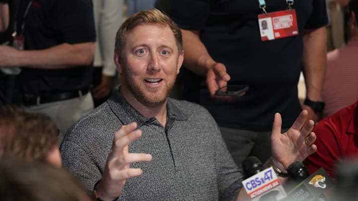 Mar 31, 2025; Palm Beach, FL, USA;  Jacksonville Jaguars head coach Liam Coen attends the NFL Annual League Meeting at The Breakers. Mandatory Credit: Jim Rassol-Imagn Images
