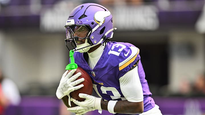 Aug 16, 2025; Minneapolis, Minnesota, USA; Minnesota Vikings wide receiver Tai Felton (13) warms up before the game against the New England Patriots at U.S. Bank Stadium. Mandatory Credit: Jeffrey Becker-Imagn Images Aug 16, 2025; Minneapolis, Minnesota, USA; Minnesota Vikings wide receiver Tai Felton (13) warms up before the game against the New England Patriots at U.S. Bank Stadium. Mandatory Credit: Jeffrey Becker-Imagn Images