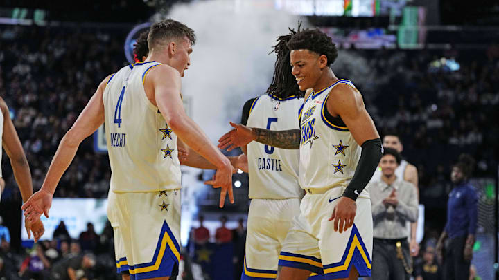 Feb 14, 2025; San Francisco, California, USA; Team C guard Keyonte George (3) of the Utah Jazz celebrates with teammates after the 2025 NBA Rising Stars Game at Chase Center. Mandatory Credit: Kyle Terada-Imagn Images