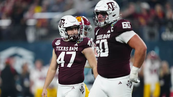 Dec 27, 2024; Las Vegas, NV, USA; Texas A&M Aggies place kicker Randy Bond (47) reacts after missing a field goal against the Southern California Trojans in the second half at Allegiant Stadium. Mandatory Credit: Kirby Lee-Imagn Images