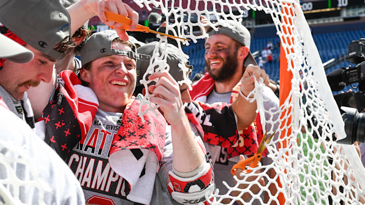 Cornell men's lacrosse team celebrates winning the 2025 National Championship.