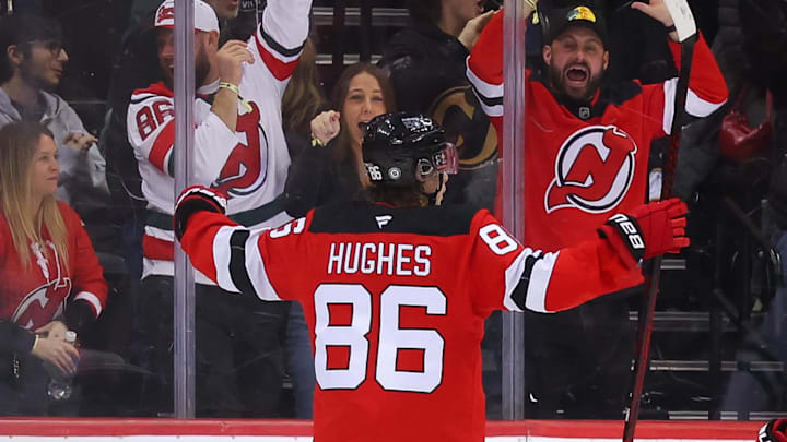 New Jersey Devils center Jack Hughes (86) celebrates his goal: Ed Mulholland-Imagn Images