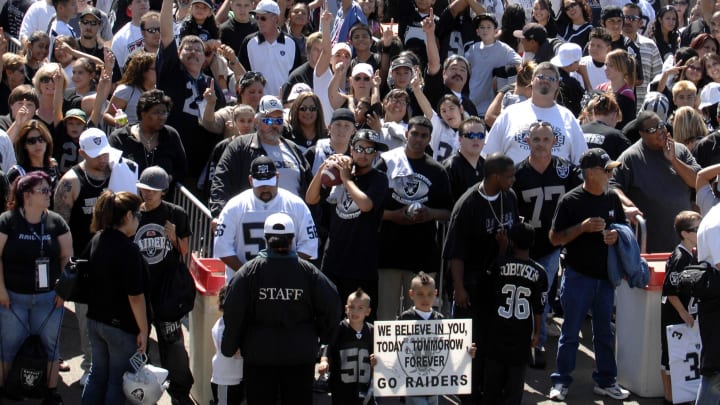 Aug 9, 2007; Oakland, CA, USA; Oakland Raiders fans wait to enter McAfee Coliseum for the Raider Nation Celebration. Mandatory Credit: Kirby Lee/Image of Sport-USA TODAY Sports Aug 9, 2007; Oakland, CA, USA; Oakland Raiders fans wait to enter McAfee Coliseum for the Raider Nation Celebration. Mandatory Credit: Kirby Lee/Image of Sport-USA TODAY Sports