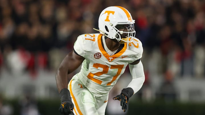 Nov 16, 2024; Athens, Georgia, USA; Tennessee Volunteers defensive lineman James Pearce Jr. (27) rushes the passer against the Georgia Bulldogs in the second quarter at Sanford Stadium. Mandatory Credit: Brett Davis-Imagn Images Nov 16, 2024; Athens, Georgia, USA; Tennessee Volunteers defensive lineman James Pearce Jr. (27) rushes the passer against the Georgia Bulldogs in the second quarter at Sanford Stadium. Mandatory Credit: Brett Davis-Imagn Images