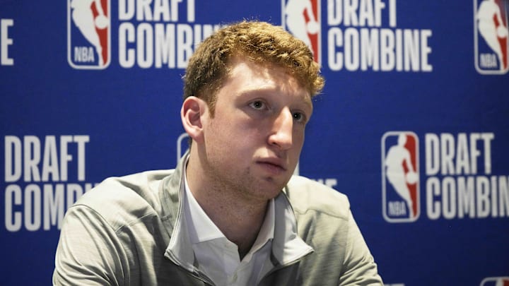 May 14, 2025; Chicago, Il, USA; Danny Wolf talks to the media during the 2025 NBA Draft Combine at Marriott Marquis Chicago. Mandatory Credit: David Banks-Imagn Images