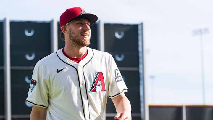 Feb 19, 2025; Scottsdale, AZ, USA; Arizona Diamondbacks outfielder A.J. Vukovich (85) poses for a portrait for MLB Media Day at Salt River Fields. Mandatory Credit: Allan Henry-Imagn Images Feb 19, 2025; Scottsdale, AZ, USA; Arizona Diamondbacks outfielder A.J. Vukovich (85) poses for a portrait for MLB Media Day at Salt River Fields. Mandatory Credit: Allan Henry-Imagn Images