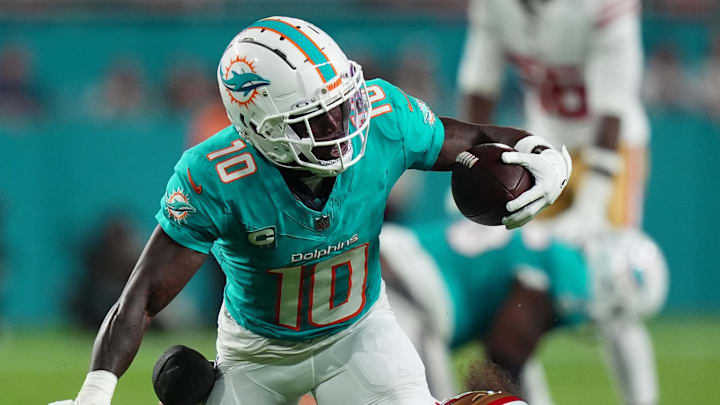San Francisco 49ers safety Talanoa Hufanga (29) tackles Miami Dolphins wide receiver Tyreek Hill (10) during second half at Hard Rock Stadium last season.