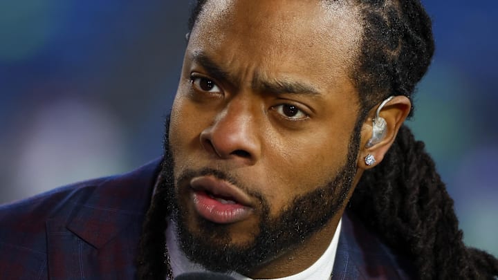Dec 15, 2022; Seattle, Washington, USA; NFL announcer and former Seattle Seahawks and San Francisco 49ers cornerback Richard Sherman talks on the set of the Thursday Night Football before a game between the two teams at Lumen Field. Dec 15, 2022; Seattle, Washington, USA; NFL announcer and former Seattle Seahawks and San Francisco 49ers cornerback Richard Sherman talks on the set of the Thursday Night Football before a game between the two teams at Lumen Field.