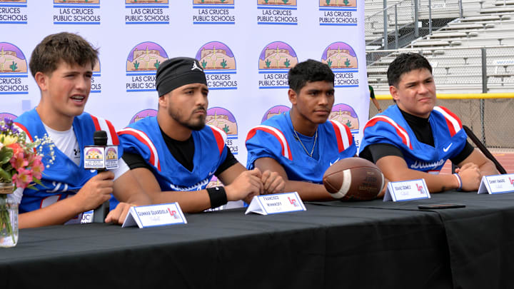 Members of the Las Cruces High School football team answer questions during the First Annual Las Cruces Public Schools Fall Sports Media Day.