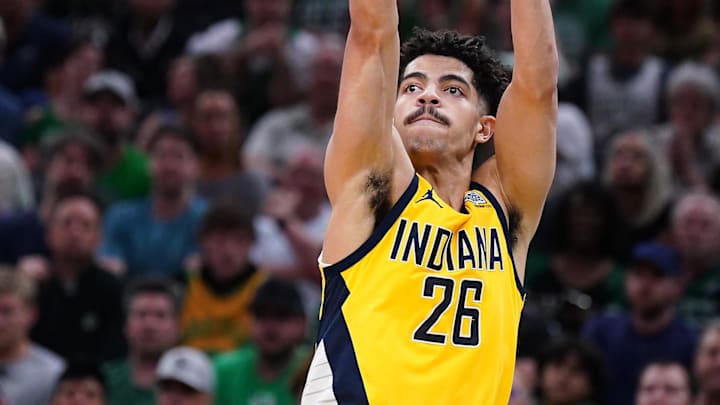 May 23, 2024; Boston, Massachusetts, USA; Indiana Pacers guard Ben Sheppard (26) shoots the ball against the Boston Celtics in the first half during game two of the eastern conference finals for the 2024 NBA playoffs at TD Garden. Mandatory Credit: David Butler II-Imagn Images