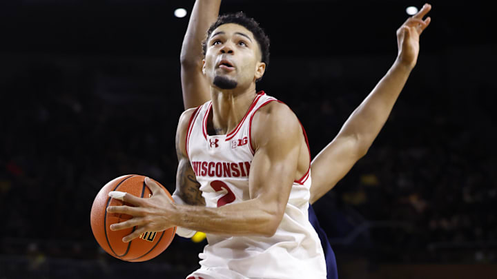 Jan 10, 2026; Ann Arbor, Michigan, USA;  Wisconsin Badgers guard Nick Boyd (2) shoots in the second half against the Michigan Wolverines at Crisler Center. 
