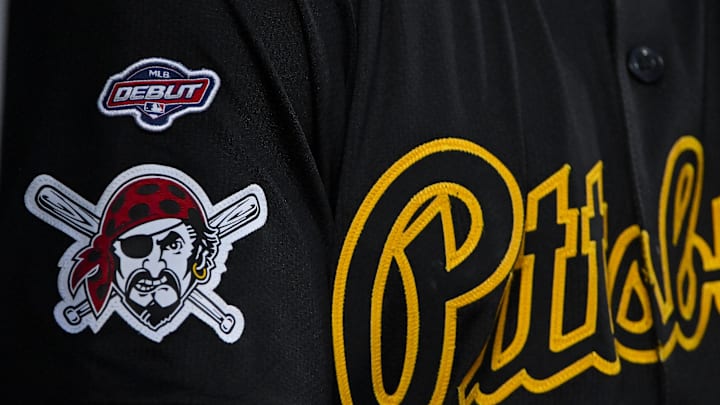 Sep 16, 2024; St. Louis, Missouri, USA;  A general view of the Major League debut patch on the jersey of Pittsburgh Pirates second baseman Nick Yorke (38) during the second inning against the St. Louis Cardinals at Busch Stadium. Mandatory Credit: Jeff Curry-Imagn Images