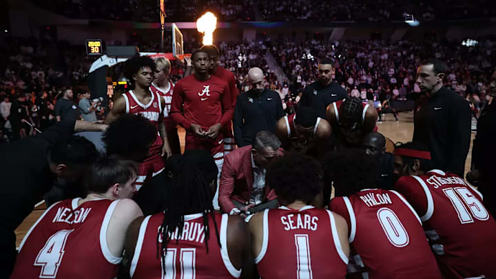 The Alabama Basketball Team listens to Alabama basketball coach Nate Oats in the huddle against Texas A&M at Reed Arena in College Station, TX on Saturday, Jan 11, 2025. The Alabama Basketball Team listens to Alabama basketball coach Nate Oats in the huddle against Texas A&M at Reed Arena in College Station, TX on Saturday, Jan 11, 2025.