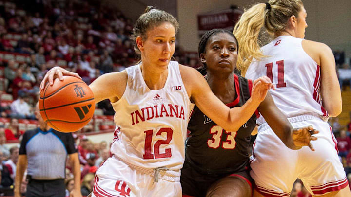 Indiana's Yarden Garzon (12) drives during the Indiana versus Brown women's basketball game at Simon Skjodt Assembly Hall on Monday, Nov. 4, 2024. Indiana's Yarden Garzon (12) drives during the Indiana versus Brown women's basketball game at Simon Skjodt Assembly Hall on Monday, Nov. 4, 2024.