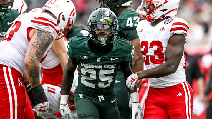 Michigan State's Chance Rucker celebrates after a defensive stop against Nebraska during the third quarter on Saturday, Nov. 4, 2023, at Spartan Stadium in East Lansing.