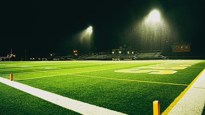 The field can be seen empty at halftime during a football game in the aftermath of Hurricane Helene in the rain on Friday, Sept. 27, 2024 in Memphis, Tenn.