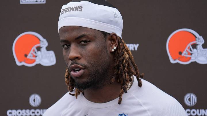 Jerry Jeudy talks with media after the Cleveland Browns OTA in Berea. Jerry Jeudy talks with media after the Cleveland Browns OTA in Berea.