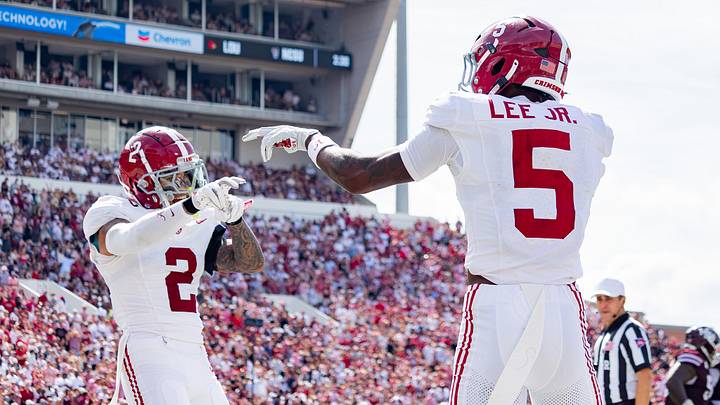Alabama defensive backs Dijon Lee Jr and Zabien Brown celebrate a pick six in the first half of the game against Mississippi State on Oct 3, 2026.