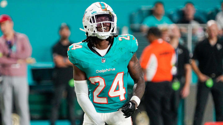 Miami Dolphins cornerback Cam Smith (24) grimaces during the fourth quarter of a preseason game at Hard Rock Stadium on Friday, August 11, 2023, in Miami Gardens, FL. Miami Dolphins cornerback Cam Smith (24) grimaces during the fourth quarter of a preseason game at Hard Rock Stadium on Friday, August 11, 2023, in Miami Gardens, FL.