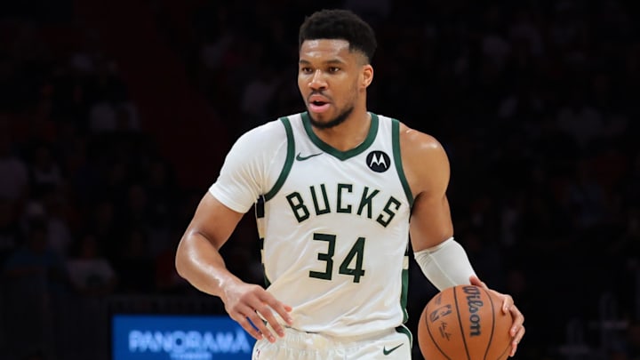 Mar 12, 2026; Miami, Florida, USA; Milwaukee Bucks forward Giannis Antetokounmpo (34) dribbles the basketball against the Miami Heat during the second quarter at Kaseya Center. Mandatory Credit: Sam Navarro-Imagn Images