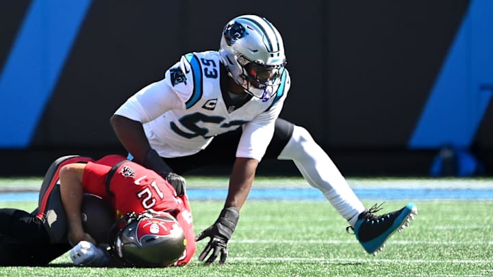 Oct 23, 2022; Charlotte, North Carolina, USA; Carolina Panthers defensive end Brian Burns (53) sacks