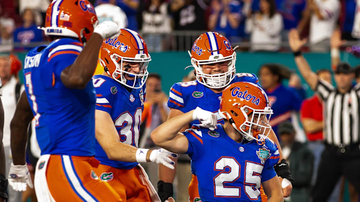 Florida Gators running back Anthony Rubio (25) celebrates in the end zone after a touchdown during the second half at Raymond James Stadium in Tampa, FL on Friday, December 20, 2024 in the 2024 Union Home Mortgage Gasparilla Bowl. The Gators defeated Tulane 33-8. [Doug Engle/Gainesville Sun]