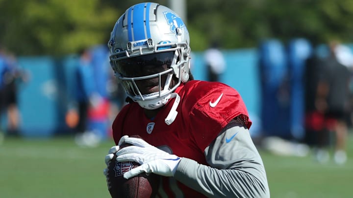 Lions quarterback Teddy Bridgewater looks to pass during the Lions' joint practice with the Jaguars on Wednesday, Aug. 16, 2023, in Allen Park.