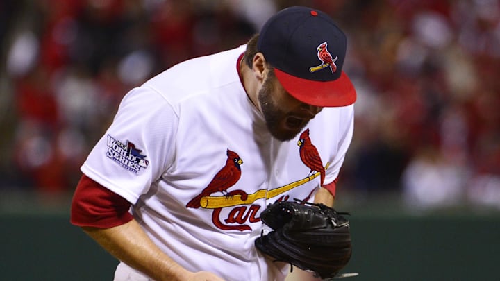 Oct 27, 2013; St. Louis, MO, USA; St. Louis Cardinals starting pitcher Lance Lynn reacts during game four of the MLB baseball World Series against the Boston Red Sox at Busch Stadium. Mandatory Credit: Scott Rovak-Imagn Images Oct 27, 2013; St. Louis, MO, USA; St. Louis Cardinals starting pitcher Lance Lynn reacts during game four of the MLB baseball World Series against the Boston Red Sox at Busch Stadium. Mandatory Credit: Scott Rovak-Imagn Images