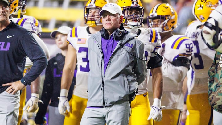 Nov 9, 2024; Baton Rouge, Louisiana, USA; LSU Tigers head coach Brian Kelly looks on against the Alabama Crimson Tide during the second half at Tiger Stadium. Mandatory Credit: Stephen Lew-Imagn Images Nov 9, 2024; Baton Rouge, Louisiana, USA; LSU Tigers head coach Brian Kelly looks on against the Alabama Crimson Tide during the second half at Tiger Stadium. Mandatory Credit: Stephen Lew-Imagn Images