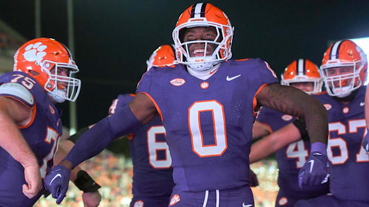 Nov 23, 2024; Clemson, South Carolina, USA; Clemson Tigers linebacker Barrett Carter (0) celebrates after scoring a touchdown against The Citadel Bulldogs during the fourth quarter at Memorial Stadium. 