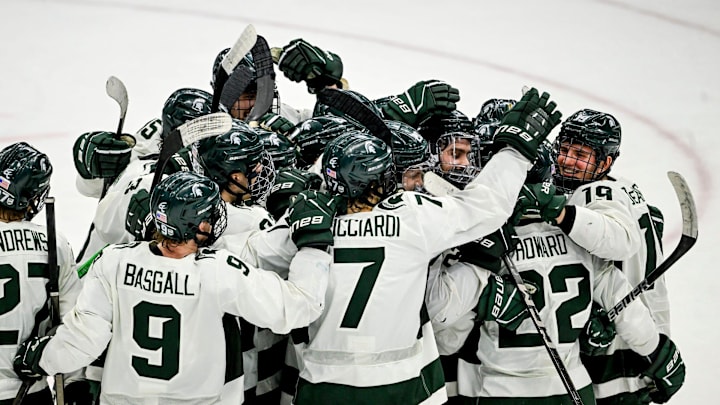 Michigan State celebrates after beating Minnesota in a shootout on Saturday, Jan. 25, 2025, at Munn Arena in East Lansing.