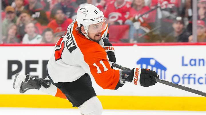 May 4, 2026; Raleigh, North Carolina, USA; Philadelphia Flyers right wing Travis Konecny (11) takes a shot against the Carolina Hurricanes in the first overtime in game two of the second round of the 2026 Stanley Cup Playoffs at Lenovo Center. May 4, 2026; Raleigh, North Carolina, USA; Philadelphia Flyers right wing Travis Konecny (11) takes a shot against the Carolina Hurricanes in the first overtime in game two of the second round of the 2026 Stanley Cup Playoffs at Lenovo Center.