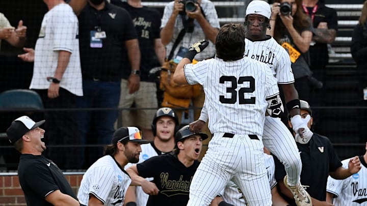 Vanderbilt’s Riley Nelson celebrates with R.J. Austin after hitting his 2-run homer giving Vanderbilt the lead in the bottom of the eighth inning of the Nashville Regional NCAA Baseball Tournament game against Wright State at Hawkins Field Friday, May 30, 2025, in Nashville, Tenn. Vanderbilt won 4-3.