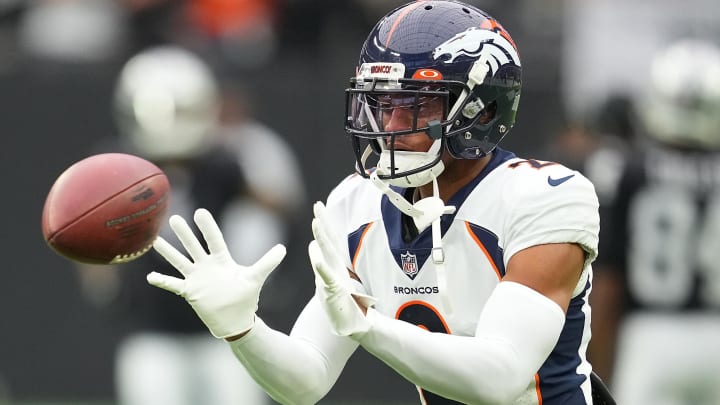 Oct 2, 2022; Paradise, Nevada, USA; Denver Broncos cornerback Pat Surtain II (2) warms up before a game against the Las Vegas Raiders at Allegiant Stadium. Mandatory Credit: Stephen R. Sylvanie-USA TODAY Sports