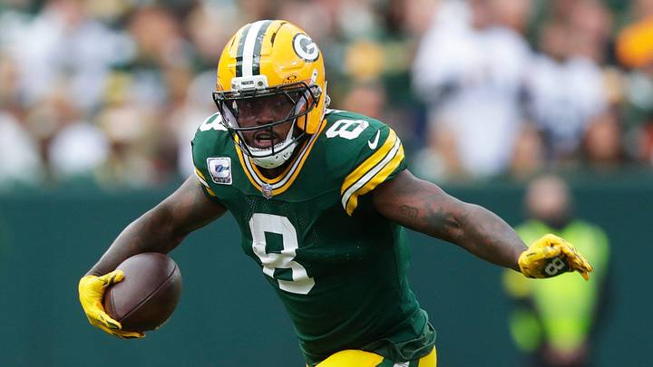 Green Bay Packers running back Josh Jacobs (8) runs the ball during a game against the Cincinnati Bengals on Oct. 12, 2025, at Lambeau Field in Green Bay, Wis. The Packers defeated the Bengals 27-18.