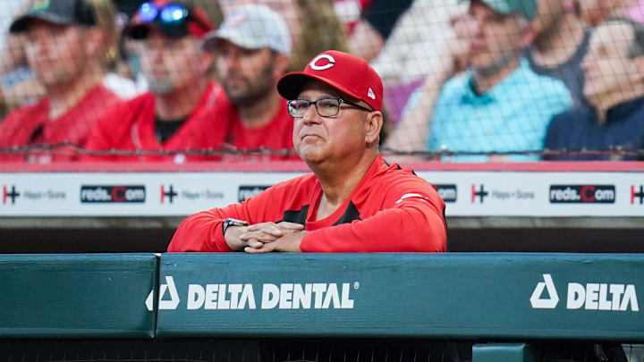 Cincinnati Reds manager Terry Francona (77) looks up to watch the field in the sixth inning of a MLB game against the St. Louis at Great American Ball Park in Downtown Cincinnati. Cincinnati Reds manager Terry Francona (77) looks up to watch the field in the sixth inning of a MLB game against the St. Louis at Great American Ball Park in Downtown Cincinnati.