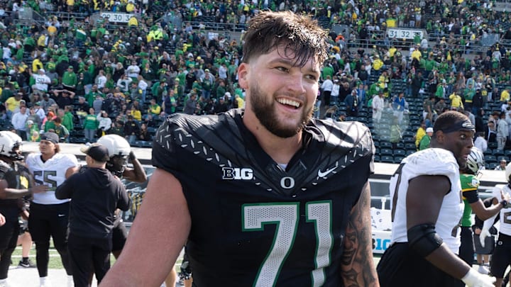 New Oregon right tackle Alex Harkey is a transfer from Texas State, 6-6, 327/