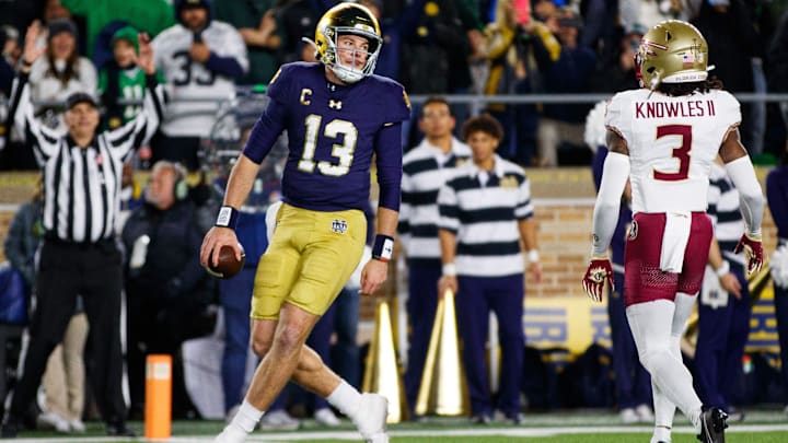 Notre Dame quarterback Riley Leonard (13) celebrates scoring a touchdown during a NCAA college football game against Florida State at Notre Dame Stadium on Saturday, Nov. 9, 2024, in South Bend.