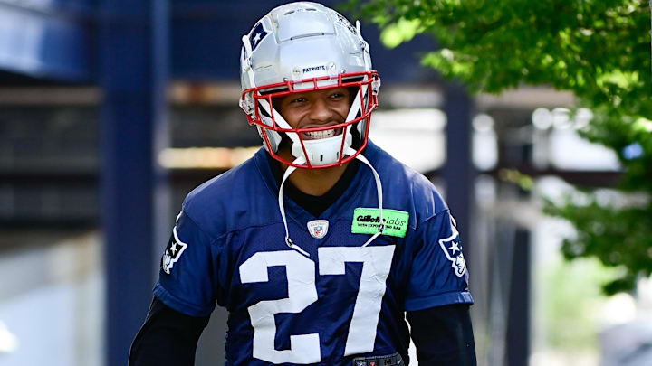 Former New England Patriots cornerback Myles Bryant (27)  makes his way to the practice fields for training camp at Gillette Stadium.