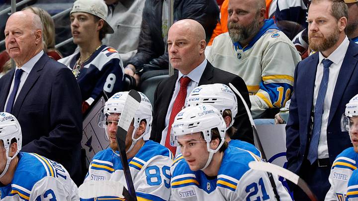 Dec 31, 2025; Denver, Colorado, USA; St. Louis Blues head coach Jim Montgomery in the first period against the Colorado Avalanche at Ball Arena. Mandatory Credit: Isaiah J. Downing-Imagn Images