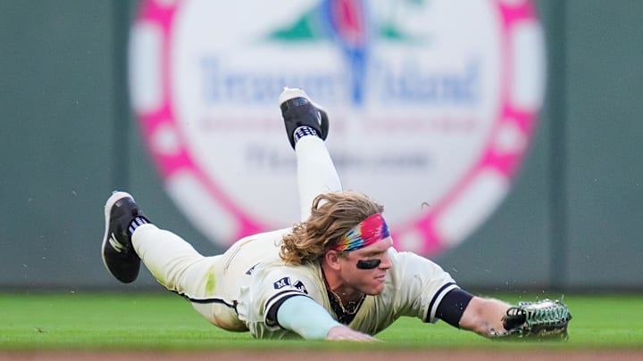 Minnesota Twins outfielder Harrison Bader (12) fields a fly ball against the Chicago Cubs in the seventh inning at Target Field on July 8. Minnesota Twins outfielder Harrison Bader (12) fields a fly ball against the Chicago Cubs in the seventh inning at Target Field on July 8.