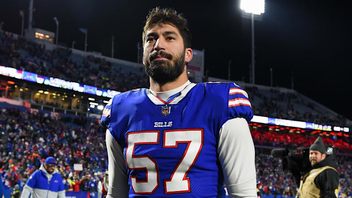 Buffalo Bills defensive end A.J. Epenesa (57) following the game against the New York Jets at Highmark Stadium. Buffalo Bills defensive end A.J. Epenesa (57) following the game against the New York Jets at Highmark Stadium.